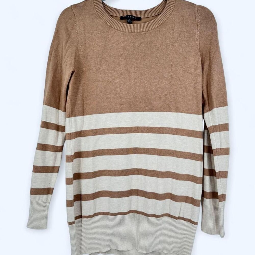 Cyrus Striped Colorblock Knit Pullover Crewneck Sweater Camel Cream Size S